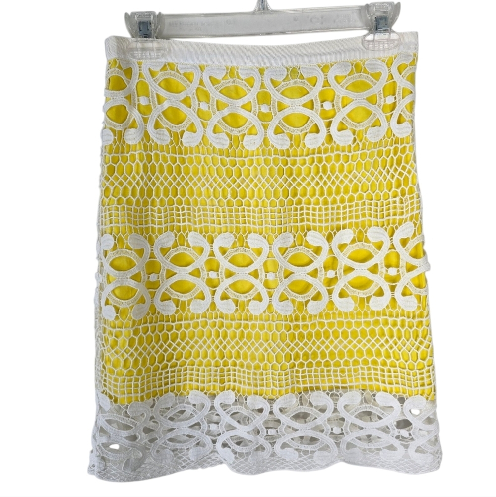 Bardot Yellow White Lace Cotton Pencil Skirt Size 6 Office Party